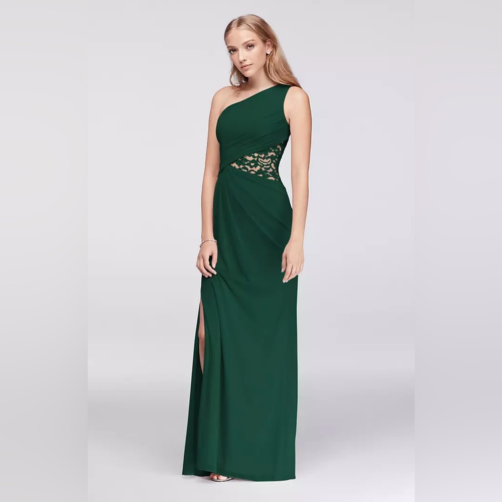 David's Bridal Emerald One-Shoulder Gown